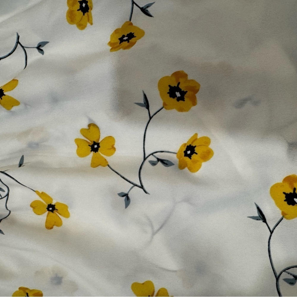 Blush white yellow & blue floral off the shoulder mini dress, faux wrap, M. - Picture 8 of 11